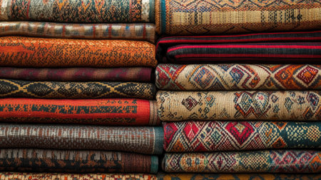 Horizontal stack of richly patterned textiles with diverse geometric styles, highlighting color, texture, and cultureの素材