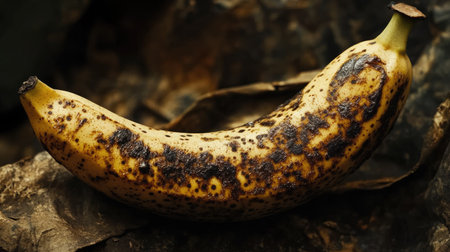 Close-up of a single overripe banana with dark spots and a slightly peeled skin, showing its soft textureの素材