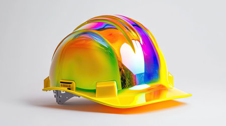A yellow hard hat with reflective decals, placed on a pure white background to highlight its bright color and visibility featuresの素材