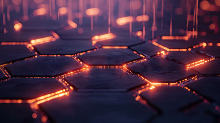 Futuristic blockchain concept with glowing hexagonal patterns connecting in a digital spaceの素材