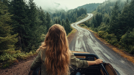 A young woman sitting in her off-road vehicle, looking out at a winding mountain road surrounded by dense treesの素材