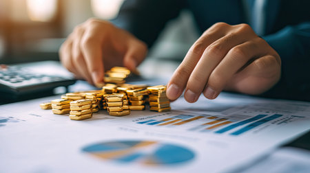 Close-up of hands counting gold bars with a financial document and calculator in the backgroundの素材