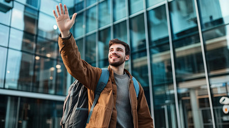 A young man waving goodbye while leaving for work, standing near a modern office buildingの素材