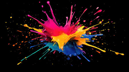 Bright paint splashes exploding outward from a central point, creating a dynamic radial patternの素材