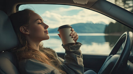 A young woman reclining in the passenger seat of a car, sipping coffee and enjoying a serene lakeside viewの素材