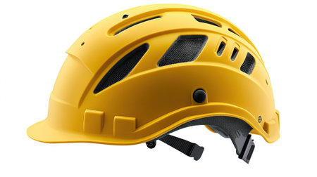 A yellow construction helmet with a matte finish, isolated on a white background with soft lighting accentuating its featuresの素材