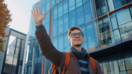 A young man waving goodbye while leaving for work, standing near a modern office buildingの素材