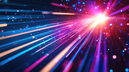 Multiple light streaks and flares blending with a cosmic nebula background in vivid blues and purplesの素材