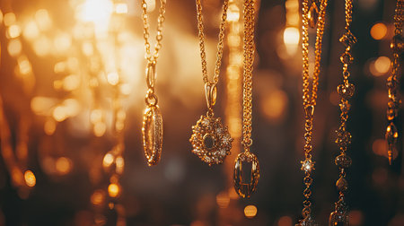 Golden chains and pendants hanging gracefully on a jewelry stand, surrounded by soft glowing lightの素材