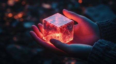 Hands holding a glowing cube with a blockchain network projected around it, symbolizing data integrityの素材