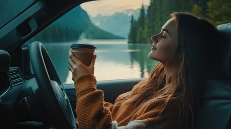 A young woman reclining in the passenger seat of a car, sipping coffee and enjoying a serene lakeside viewの素材