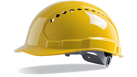 A yellow hard hat isolated on a clean white background, ready for construction or industrial useの素材