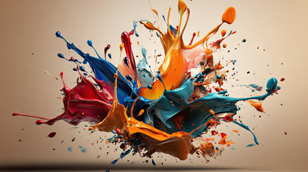 Dynamic paint splashes colliding, blending into a vivid and chaotic masterpiece on a neutral backgroundの素材
