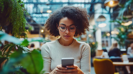 A woman in a coworking space, using her smartphone for work while surrounded by colleagues.の素材