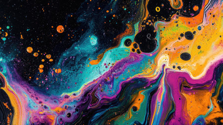 Close-up of colorful paint splashes blending in mid-air, forming abstract patterns on a black backgroundの素材