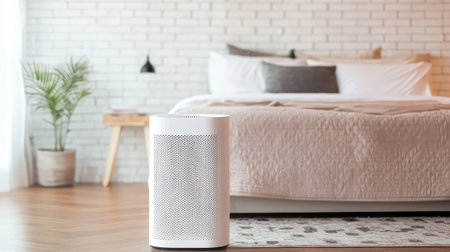 A white air purifier running in a cozy bedroom, ensuring fresh and healthy air.の素材
