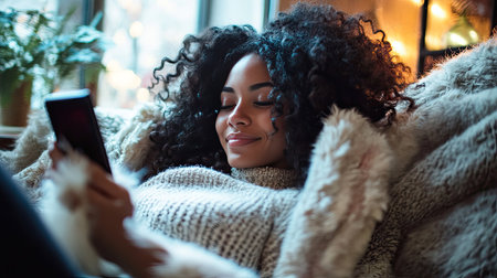 A woman lying on a cozy couch, casually browsing her smartphone with a relaxed smile.の素材