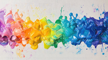 Overhead view of vibrant paint drops merging on a white canvas, forming abstract color gradientsの素材