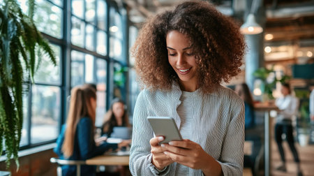 A woman in a coworking space, using her smartphone for work while surrounded by colleagues.の素材