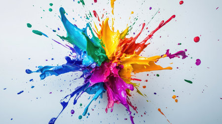 Bright paint splashes exploding outward from a central point, creating a dynamic radial patternの素材
