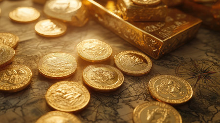 Gold coins scattered alongside gold bars, with a background of antique maps and compassesの素材