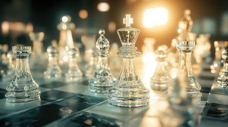 Glass chess pieces arranged for a game, with a soft spotlight highlighting the king and queen in the centerの素材