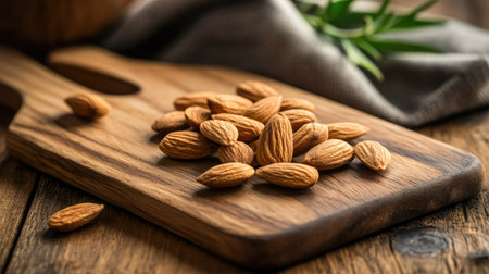 A wooden cutting board with a portion of roasted organic almonds, perfect for a healthy snack.の素材