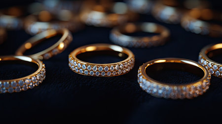 Intricately designed gold rings with diamonds placed in a circle on a dark velvet backgroundの素材