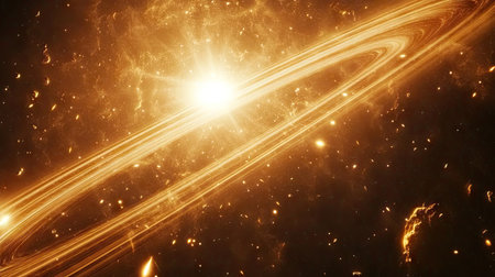 Close-up of realistic lens flare light streaks over a galactic backdrop, featuring soft glowing particlesの素材