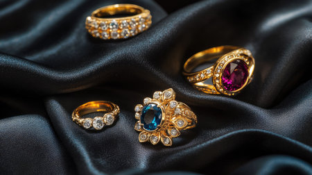 Elegant gold earrings and rings with gemstones displayed on a black satin fabric under warm lightingの素材