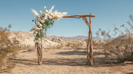A bohemian-style wedding arch made of driftwood, decorated with pampas grass and white roses, standing in a desert landscape.の素材