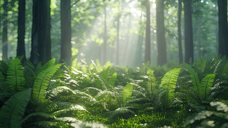 Lush green fern leaves spread across a shaded forest floor, with dappled sunlight filtering through the treesの素材