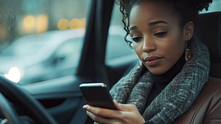 A woman sitting in a car, using her smartphone with a serious expression.の素材