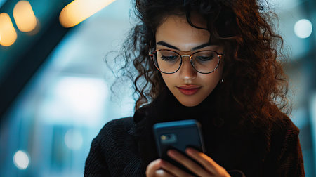 A woman with curly hair, wearing glasses, checking notifications on her smartphone.の素材