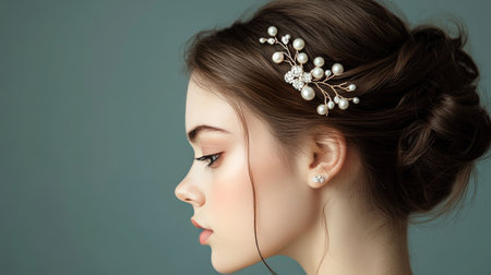 A young woman with a hair clip featuring pearls, her hair pulled back in an elegant updo for a formal event.の素材