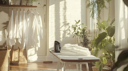 A bright and airy room with an ironing board set up, featuring a stylish electric iron and a pile of crisp white shirts.の素材