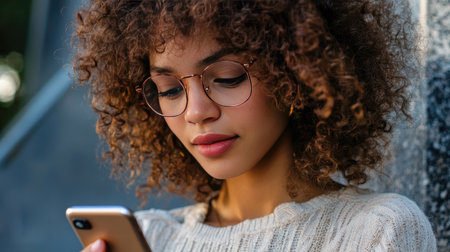 A woman with curly hair, wearing glasses, checking notifications on her smartphone.の素材