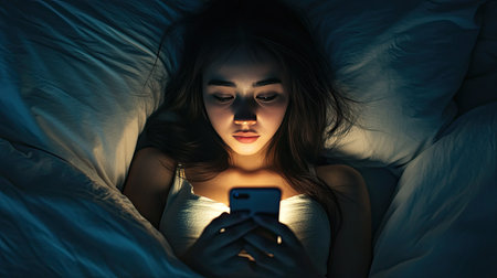 A woman in bed at night, illuminated by the glow of her smartphone screen.の素材