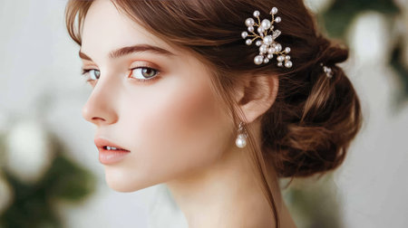 A young woman with a hair clip featuring pearls, her hair pulled back in an elegant updo for a formal event.の素材