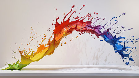 Bright paint splashes frozen in motion, interweaving to form a rainbow-like arc on a white surfaceの素材
