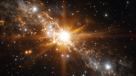 Dynamic light streaks and realistic lens flares emanating from a vibrant celestial body, surrounded by space dustの素材