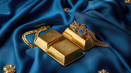 Gold bars and jewelry presented on a royal blue silk cloth, symbolizing wealth and opulenceの素材