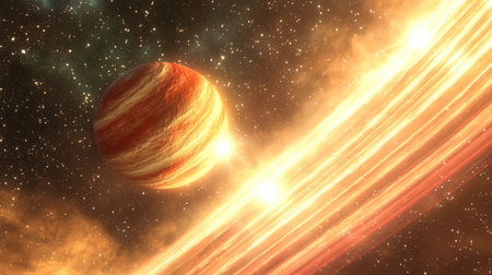 Dynamic light streaks and realistic lens flares emanating from a vibrant celestial body, surrounded by space dustの素材