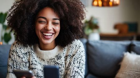 A woman laughing while video chatting on her smartphone in a cozy home setting.の素材