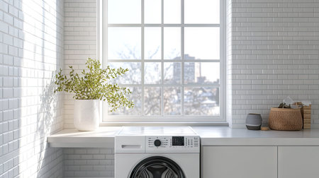 A bright laundry space with large windows, white subway tiles, and a front-loading washing machine under a quartz countertop.の素材