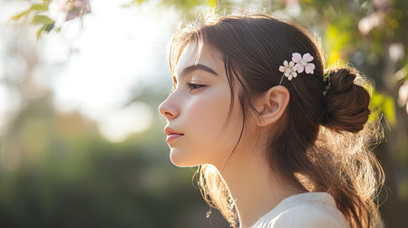 A young woman in an outdoor setting, wearing a soft pastel hair clip that matches her breezy outfit.の素材