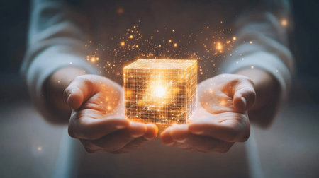 Hands holding a glowing cube with a blockchain network projected around it, symbolizing data integrityの素材