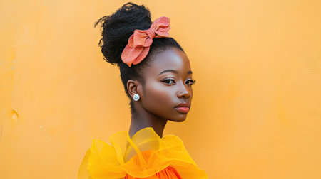 A young woman in a bright dress, accessorized with a stylish, oversized hair clip for a bold look.の素材