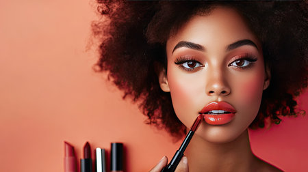 A woman with a bold makeup look applying lipstick, surrounded by beauty products.の素材