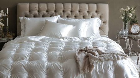 A beautifully arranged white pillow on a hotel-style bed, surrounded by silky sheets and a tufted headboard.の素材